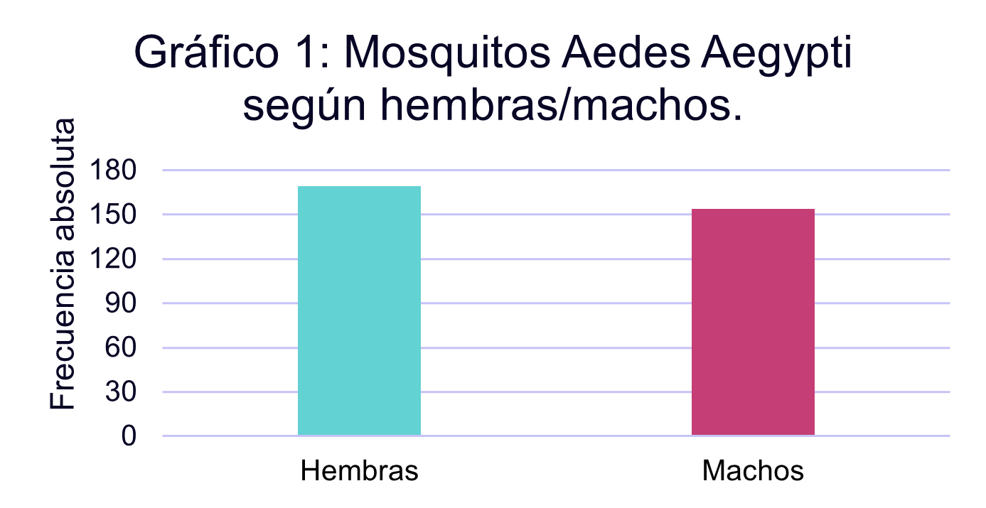 Ejemplo de gráfico de barras que muestra la frecuencia absoluta de Mosquitos Aedes Aegypti según hembras y machos. La barra de hembras muestra una frecuencia de 169 y la de machos 154